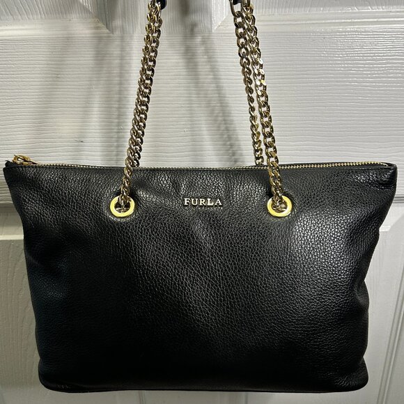 Furla Julia Leather Shoulder Bag with Gold Chain/Black Leather Straps (Black) - Picture 1 of 6